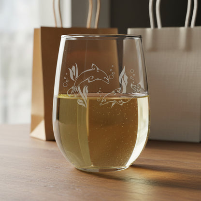 Dolphin Couple 17oz Engraved Stemless Wine Glass