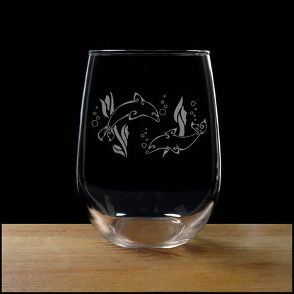 Dolphin Couple 17oz Engraved Stemless Wine Glass