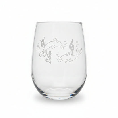 Dolphin Couple 17oz Engraved Stemless Wine Glass