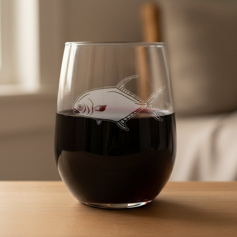 A clear stemless wine glass with an etched permit fish design, partially filled with white wine, set on a wooden table with a beige cloth and rosemary in a softly lit indoor setting.