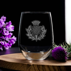 Scottish Thistle  Stemless Wine Glass - Copyright Hues in Glass