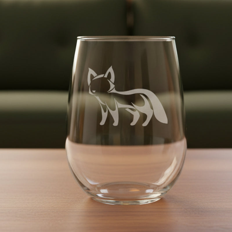 17oz Stemless Wine Glass with an etched image of a fox 
and a green couch in the background
