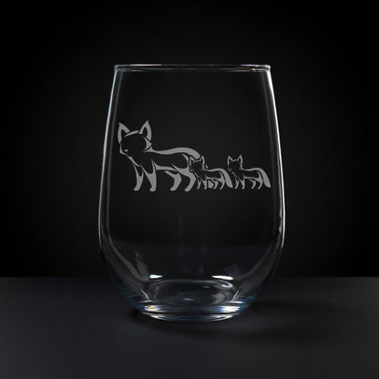 17oz Stemless Wine Glass with an etched image of a fox on a black background