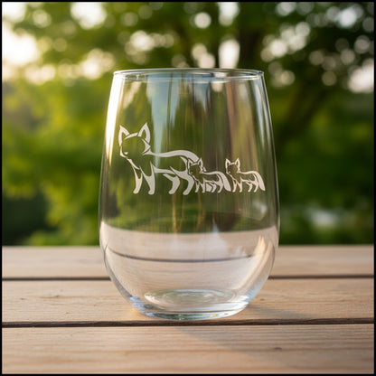 17oz Stemless Wine Glass with an etched image of an fox with a background of a trees 