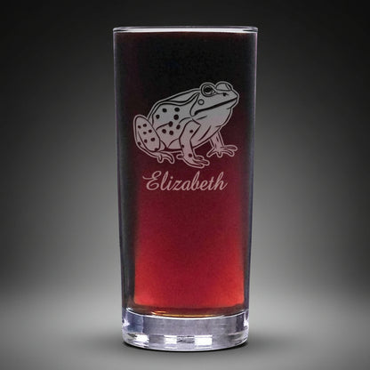 15oz Cooler  Glass with an etched image of a Frog with a grey background 