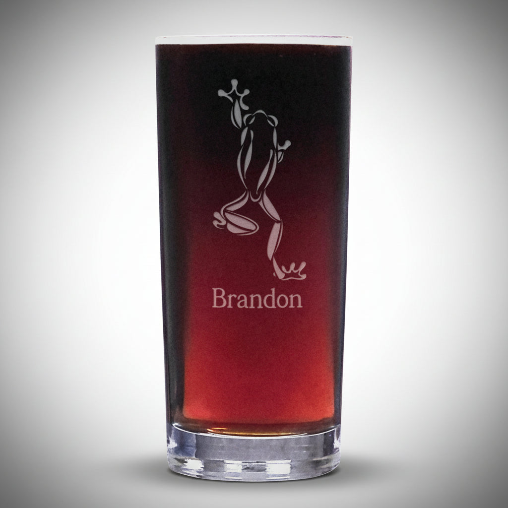 15oz Cooler  Glass with an etched image of a climbing Frog with a grey background 