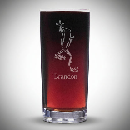 15oz Cooler  Glass with an etched image of a climbing Frog with a grey background 