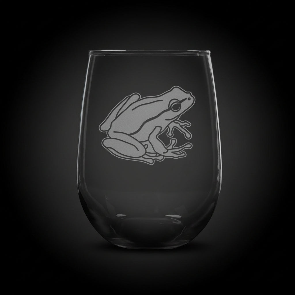 17oz Stemless Wine Glass with an etched image of a fox, on a black background