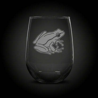 17oz Stemless Wine Glass with an etched image of a fox, on a black background