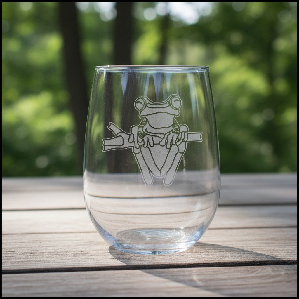 17oz Stemless Wine Glass with an etched image of an Tree Frog with a background of a trees 