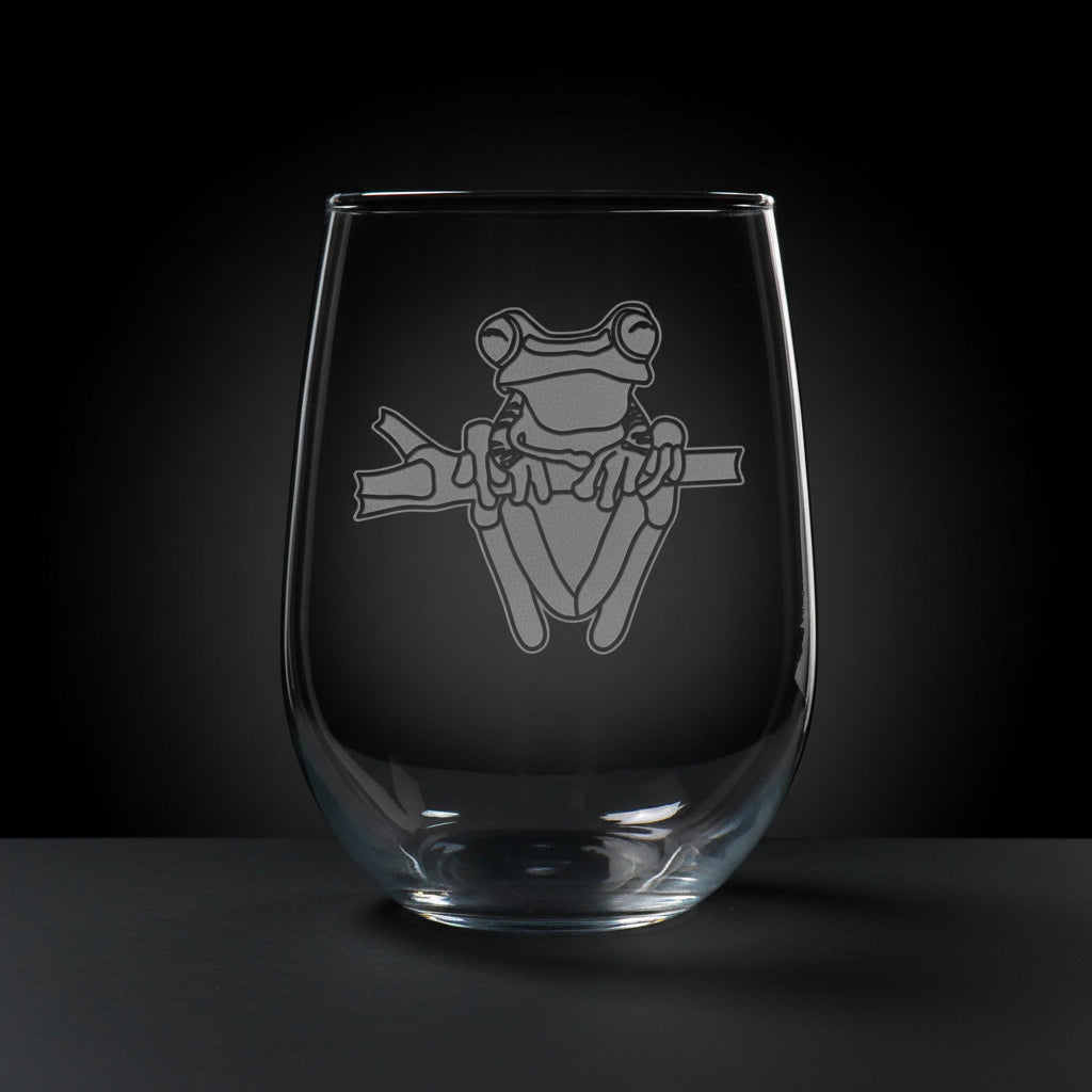 17oz Stemless Wine Glass with an etched image of a fox on a black background