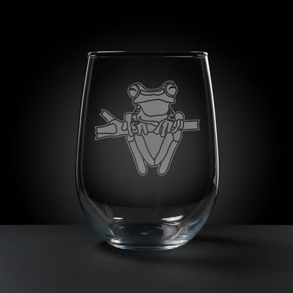 17oz Stemless Wine Glass with an etched image of a fox on a black background