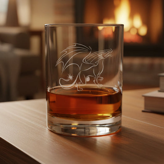 Clear glass tumbler with dragon etching filled with amber liquid on a wooden surface.