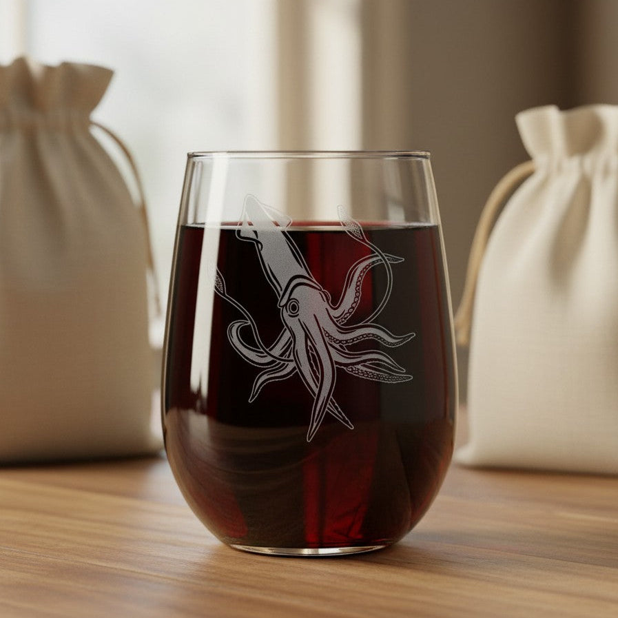A clear stemless wine glass with an etched squid design, filled with dark red wine and placed on a wooden table, with two cream drawstring pouches blurred in the background.