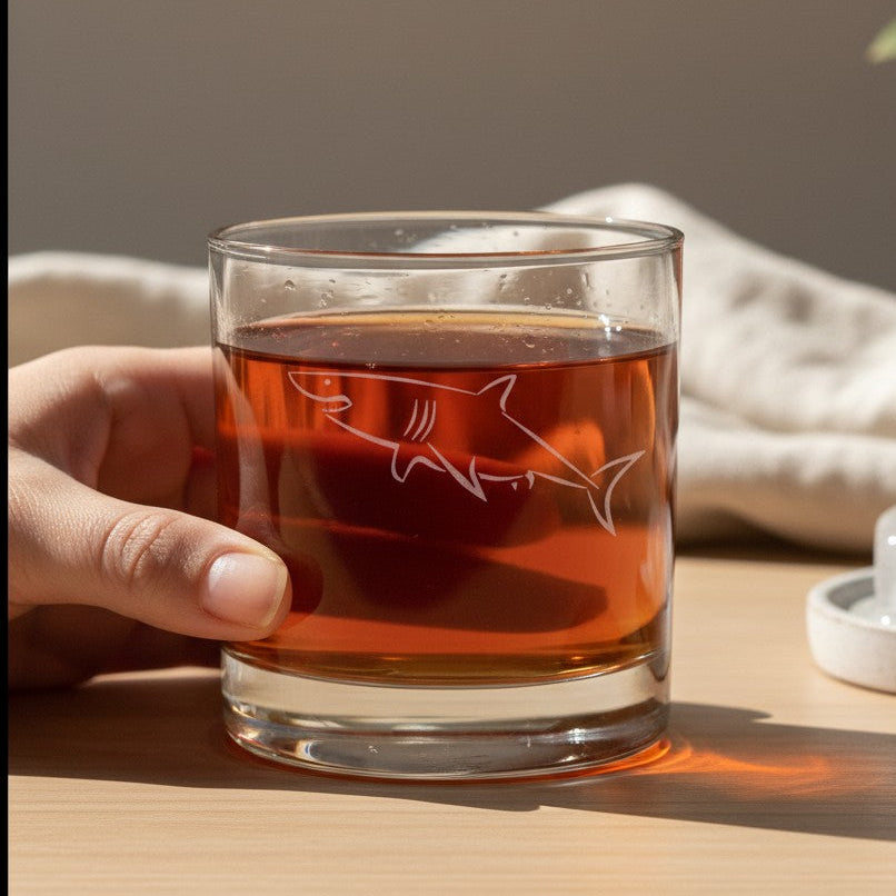 A hand holds a clear rocks glass with a shark silhouette etched on the side, filled with an amber drink, on a wooden table with a blurred plant and cloth in the background.