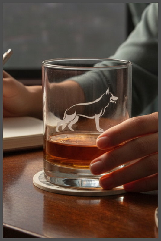 13oz Etched Whiskey Glass with German Shepherd Design - Dog Lover Bourbon & Scotch Glass Gift