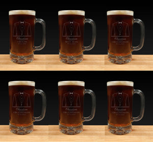 Set of 6 Beer Mugs for Wedding Party - Tuxedo design - Dark Beer - Copyright Hues in Glass