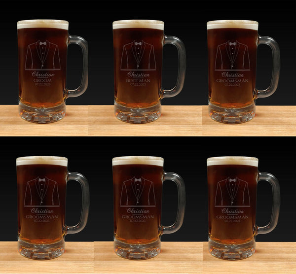 Set of 6 Beer Mugs for Wedding Party - Tuxedo design - Dark Beer - Copyright Hues in Glass