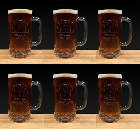 Set of 6 Beer Mugs for Wedding Party - Tuxedo design - Dark Beer - Copyright Hues in Glass