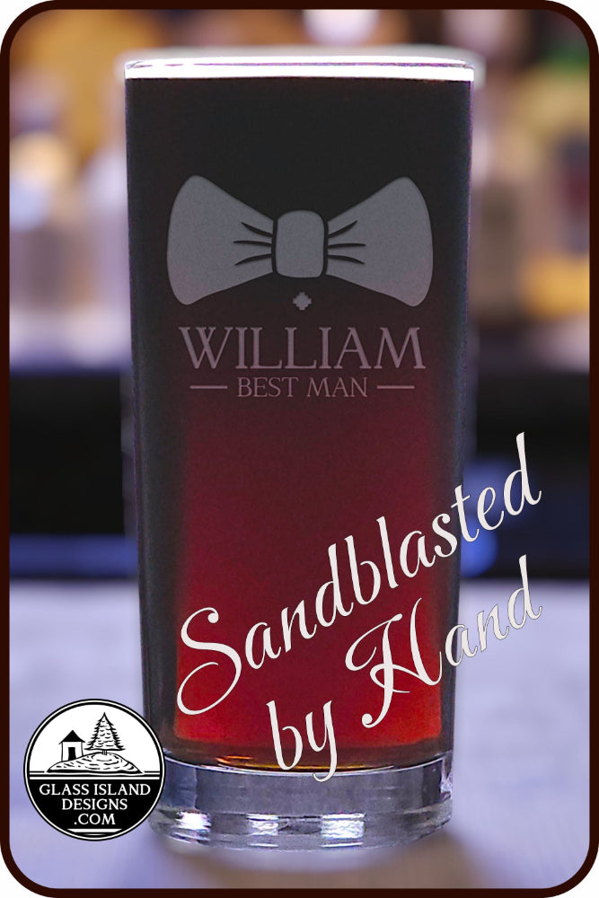 Personalized glass with 'William Best Man' engraving and sandblasted by hand text.