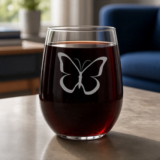 A clear stemless wine glass with an etched butterfly design, filled with dark red wine and placed on a tabletop in a softly blurred indoor setting.
