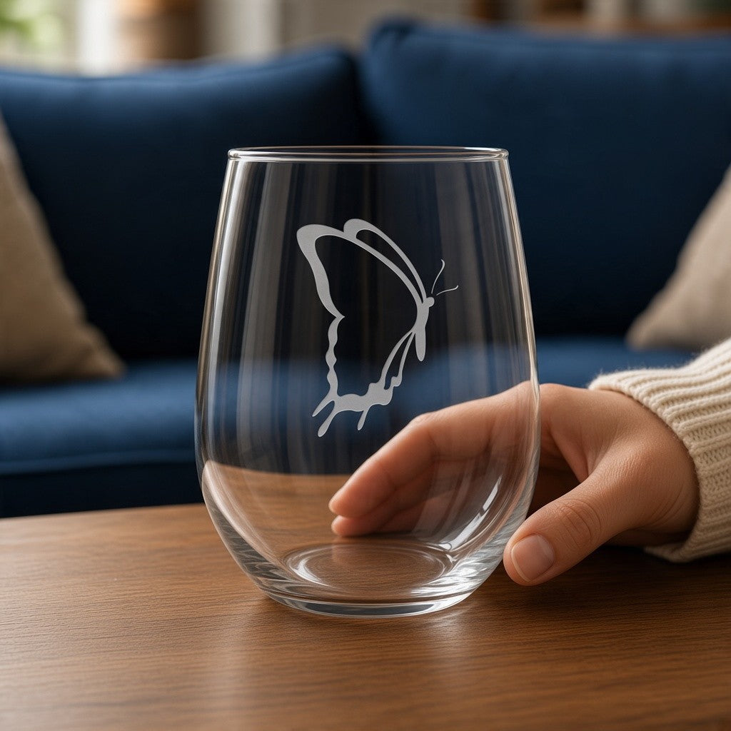 A clear stemless wine glass with an etched butterfly design, held by a person's hand on a wooden table with a blue sofa in the background.