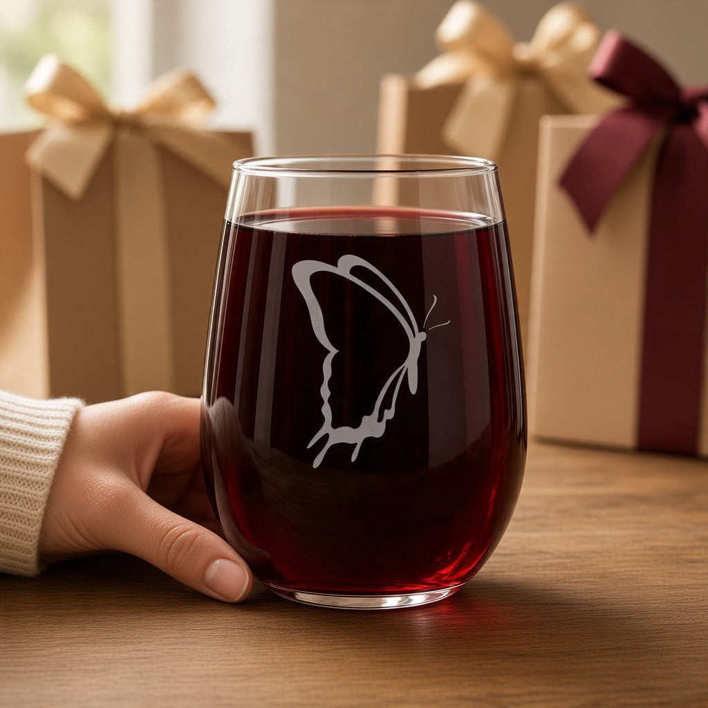 A stemless wine glass filled with red wine, held by a hand, featuring an etched butterfly design. The background shows blurred gift boxes with gold and burgundy ribbons on a wooden table.