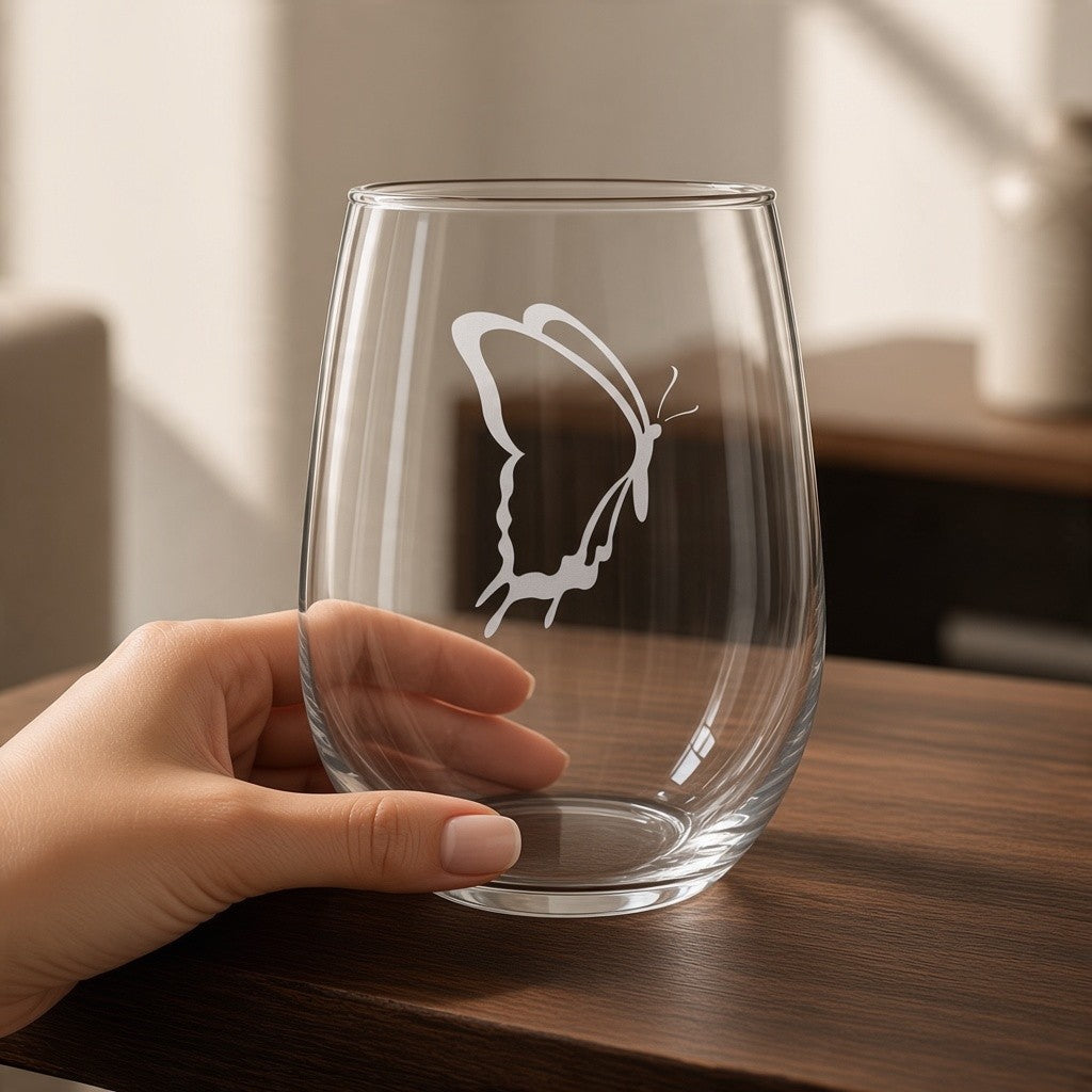 A clear stemless wine glass with an engraved butterfly design, held by a hand on a dark wooden table with a softly blurred indoor background.