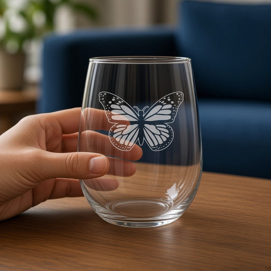A hand holding a clear stemless wine glass with an etched butterfly design, set on a wooden table with a blurred blue sofa in the background.