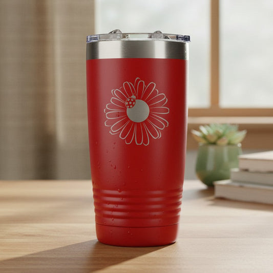A red insulated travel tumbler with a stainless steel lid sits on a wooden table in a softly lit room. The tumbler features a engraved daisy design with a small red ladybug accent in the center.