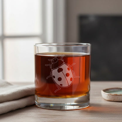 A clear rocks glass filled with amber liquid, featuring a etched ladybug design on the front, set on a wooden surface with a blurred indoor background.
