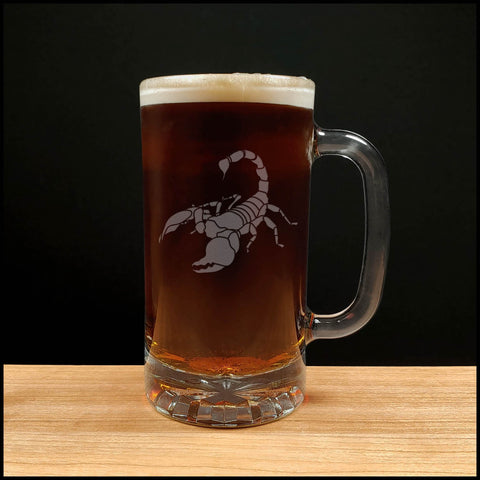 Scorpion image on a 16oz beer mug - copyright Hues in Glass
