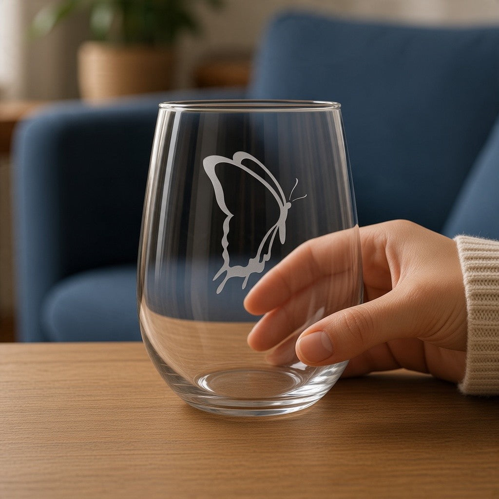 A clear stemless wine glass with an etched butterfly design, held by a person's hand on a wooden table with a blurred blue sofa in the background.