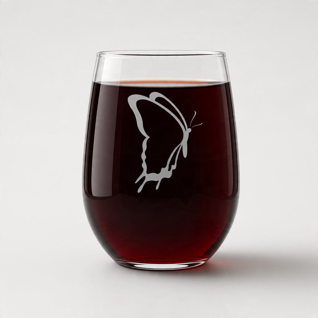 A stemless wine glass filled with dark red wine, featuring an etched butterfly design on the front, set against a light gray background.