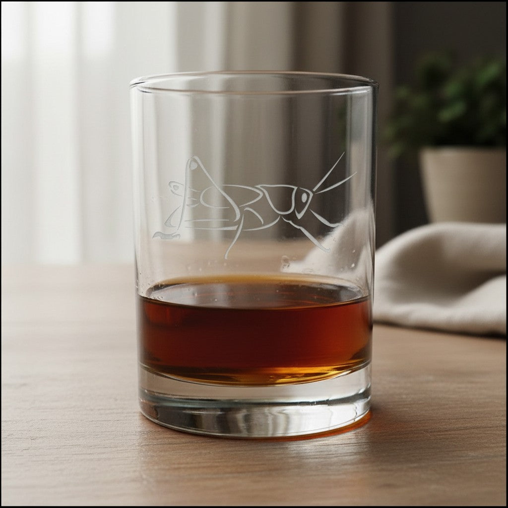A clear glass rocks tumbler with an etched grasshopper design, partially filled with amber whiskey, set on a wooden table with a softly blurred indoor background.