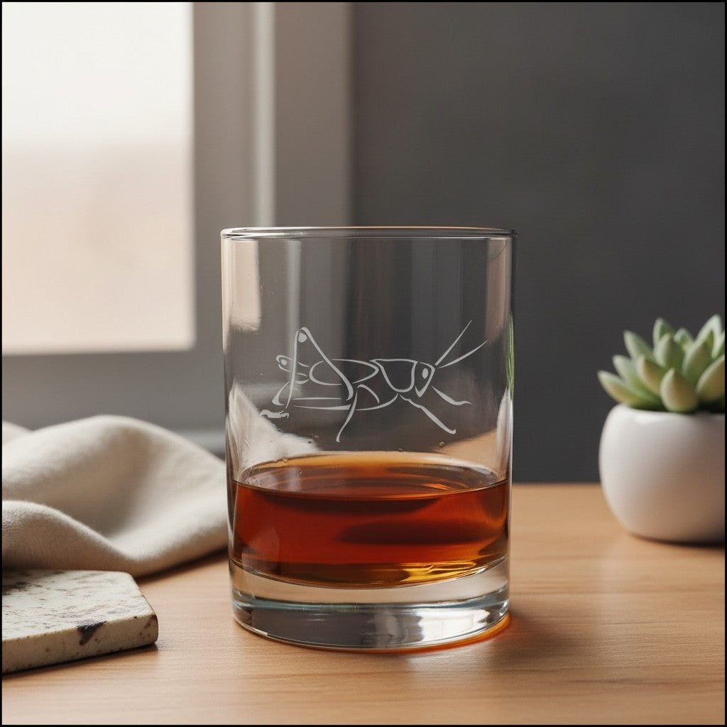 A clear rocks glass with an etched cricket design, partially filled with amber whiskey, set on a wooden table in a softly lit interior with a small potted succulent in the background.