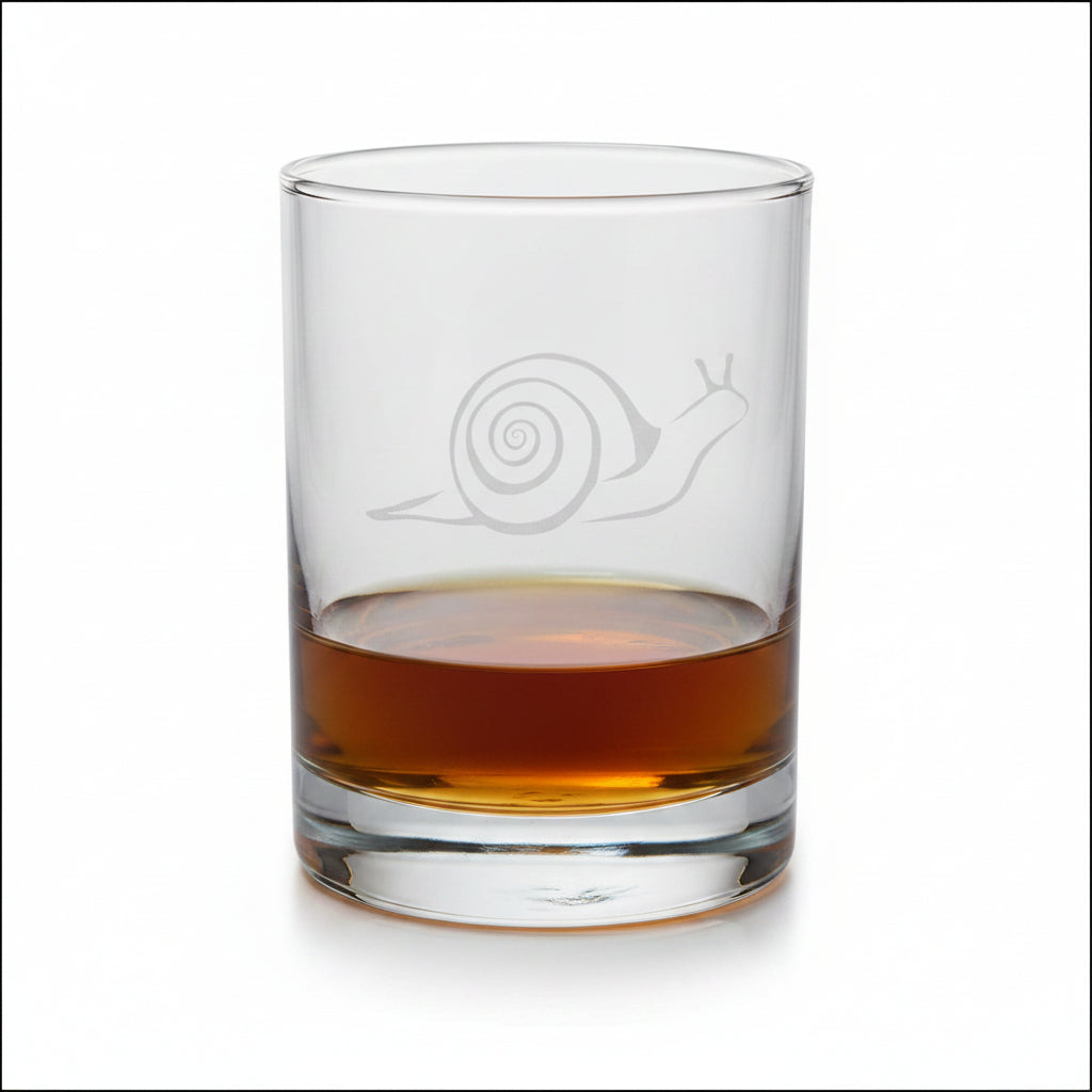 Snail Engraved 13oz Whiskey Glass, Deeply Etched Rocks Glass