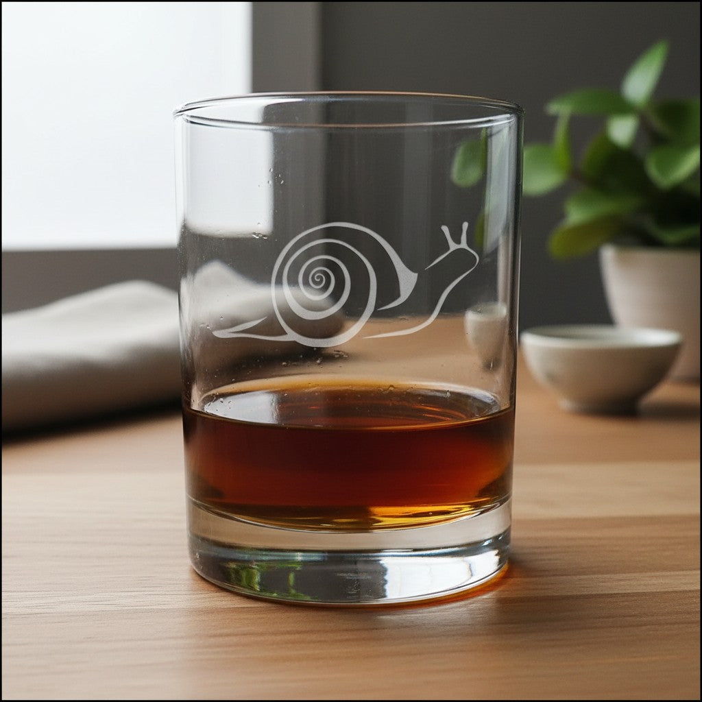A clear glass rocks tumbler with an etched snail design, partially filled with amber whiskey, set on a wooden table with a blurred background of a plant and small bowl.