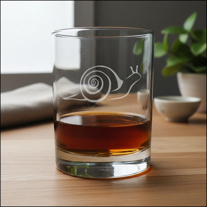 A clear glass rocks tumbler with an etched snail design, partially filled with amber whiskey, set on a wooden table with a blurred background of a plant and small bowl.