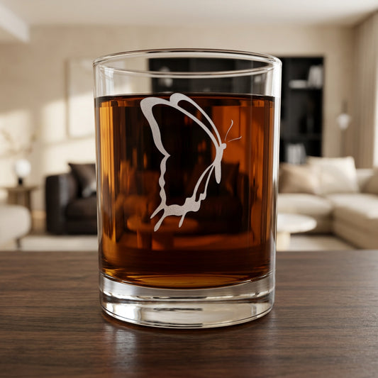 Engraved Butterfly 13oz Whiskey Glass,  Deeply Etched Rocks Glass