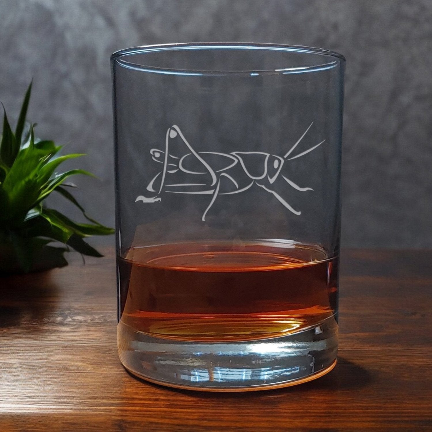 13oz Whiskey Glass with a sandblasted image of a grasshopper- copyright Hues in Glass