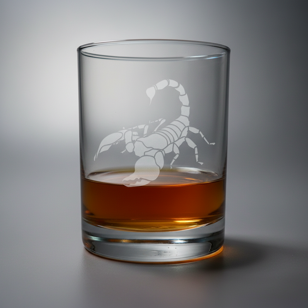 Clear glass with a scorpion design filled with amber liquid on a white background