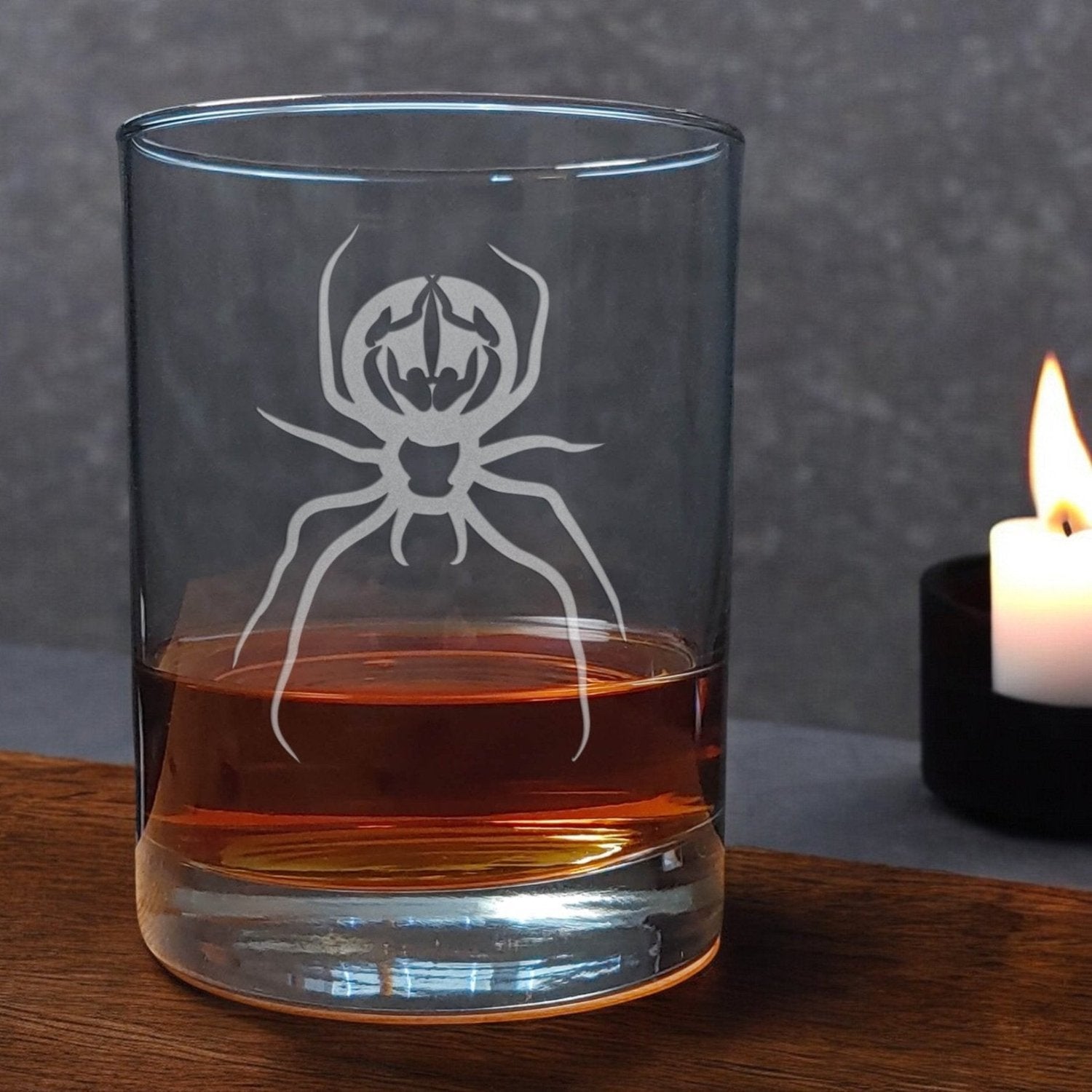 13oz Whisky Glass with a etched design of a Spider - Copyright Hues in Glass