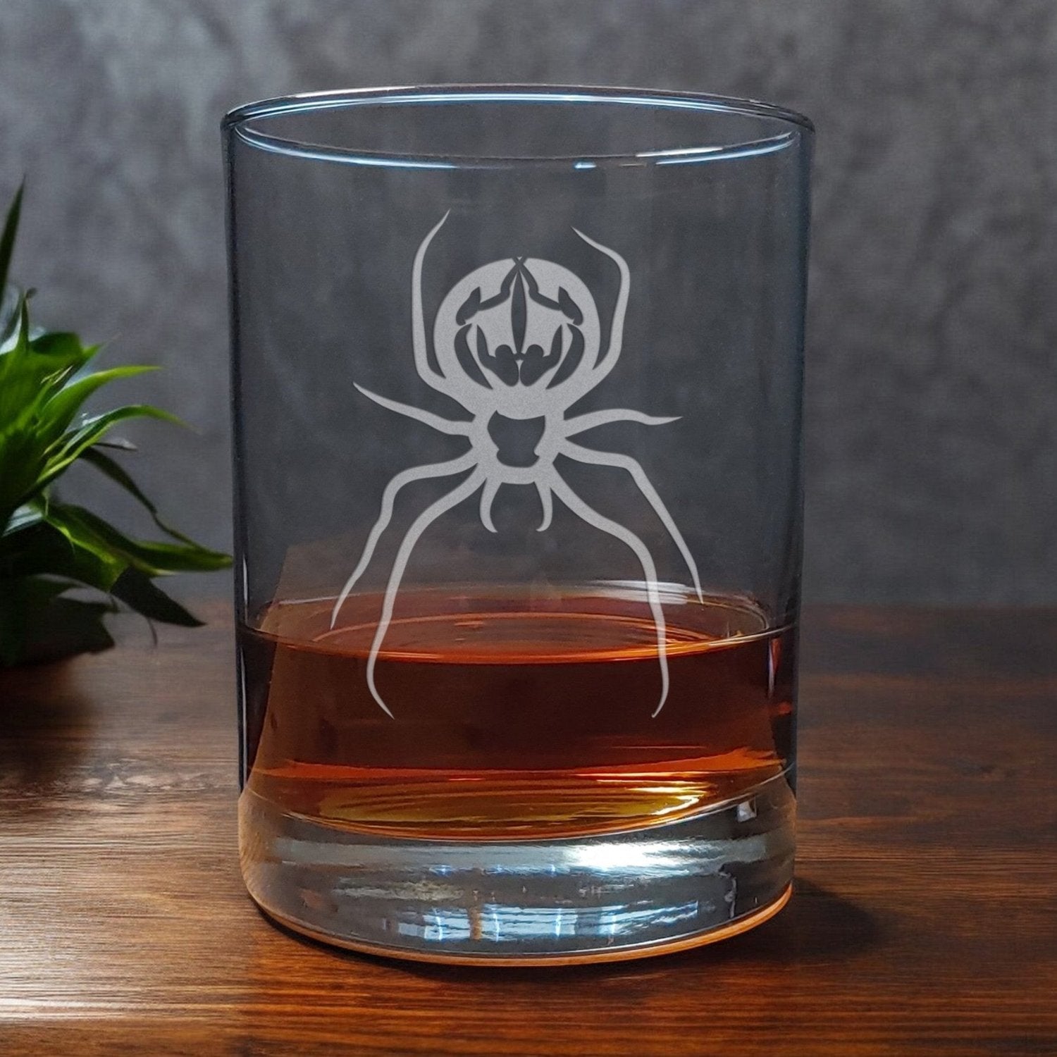 13oz Whisky Glass with a etched design of a Spider - Copyright Hues in Glass