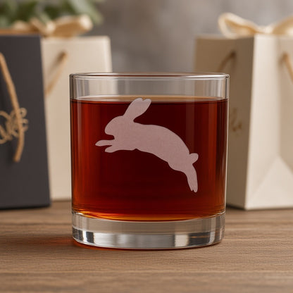 Jumping  Rabbit Engraved 11oz Whiskey Glass - Personalized Gift
