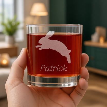 Jumping  Rabbit Engraved 11oz Whiskey Glass - Personalized Gift