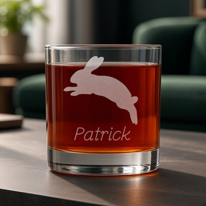Jumping  Rabbit Engraved 11oz Whiskey Glass - Personalized Gift