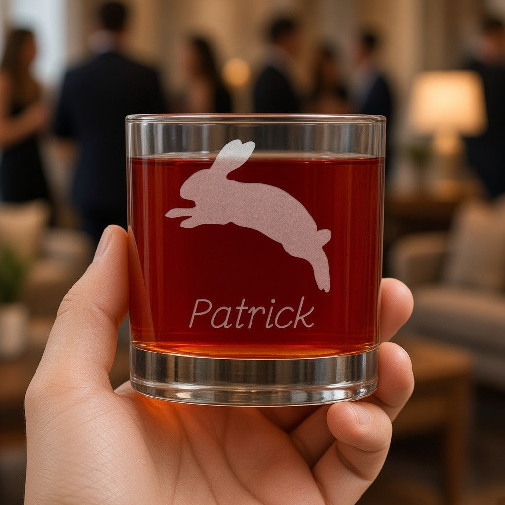 Jumping  Rabbit Engraved 11oz Whiskey Glass - Personalized Gift