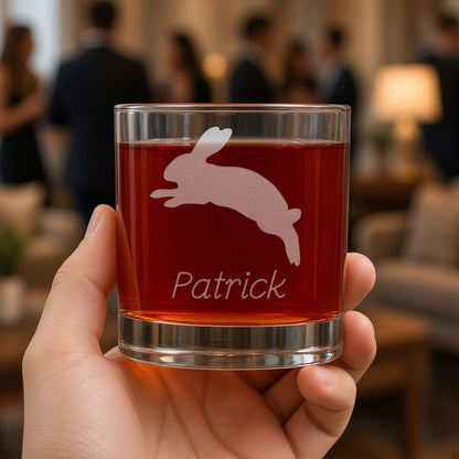 Jumping  Rabbit Engraved 11oz Whiskey Glass - Personalized Gift