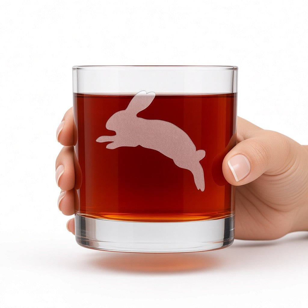 Jumping  Rabbit Engraved 11oz Whiskey Glass - Personalized Gift